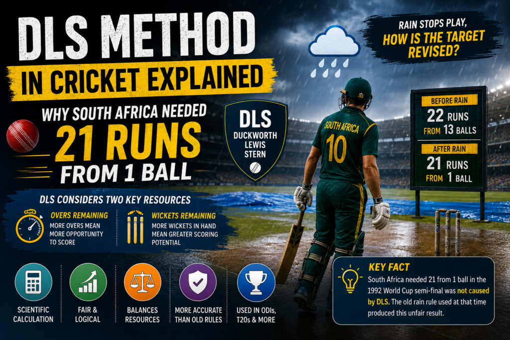 Infographic explaining the DLS method in cricket and why South Africa's target changed from 22 runs off 13 balls to 21 runs off 1 ball during the 1992 Cricket World Cup semi-final under the old rain rule.