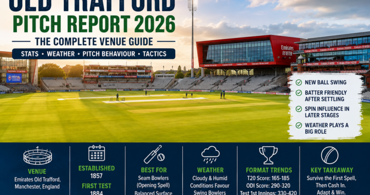 Old Trafford Cricket Ground pitch report showing the Manchester cricket stadium with insights into pitch behaviour, weather, toss strategy and match conditions.