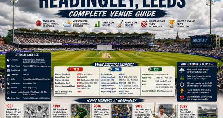 Headingley Cricket Ground in Leeds, England during a Test match, showing the pitch, outfield, stands, and cloudy conditions known for seam and swing bowling.