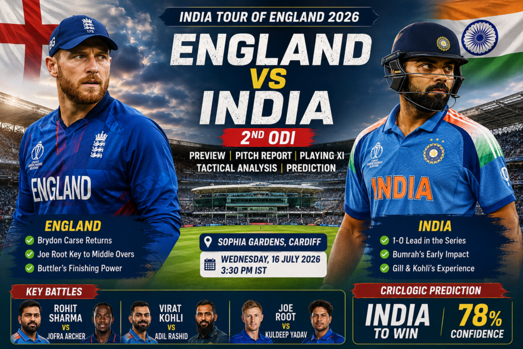 England vs India 2nd ODI preview at Sophia Gardens, Cardiff featuring pitch report, weather analysis, key player battles and CricLogic match prediction.